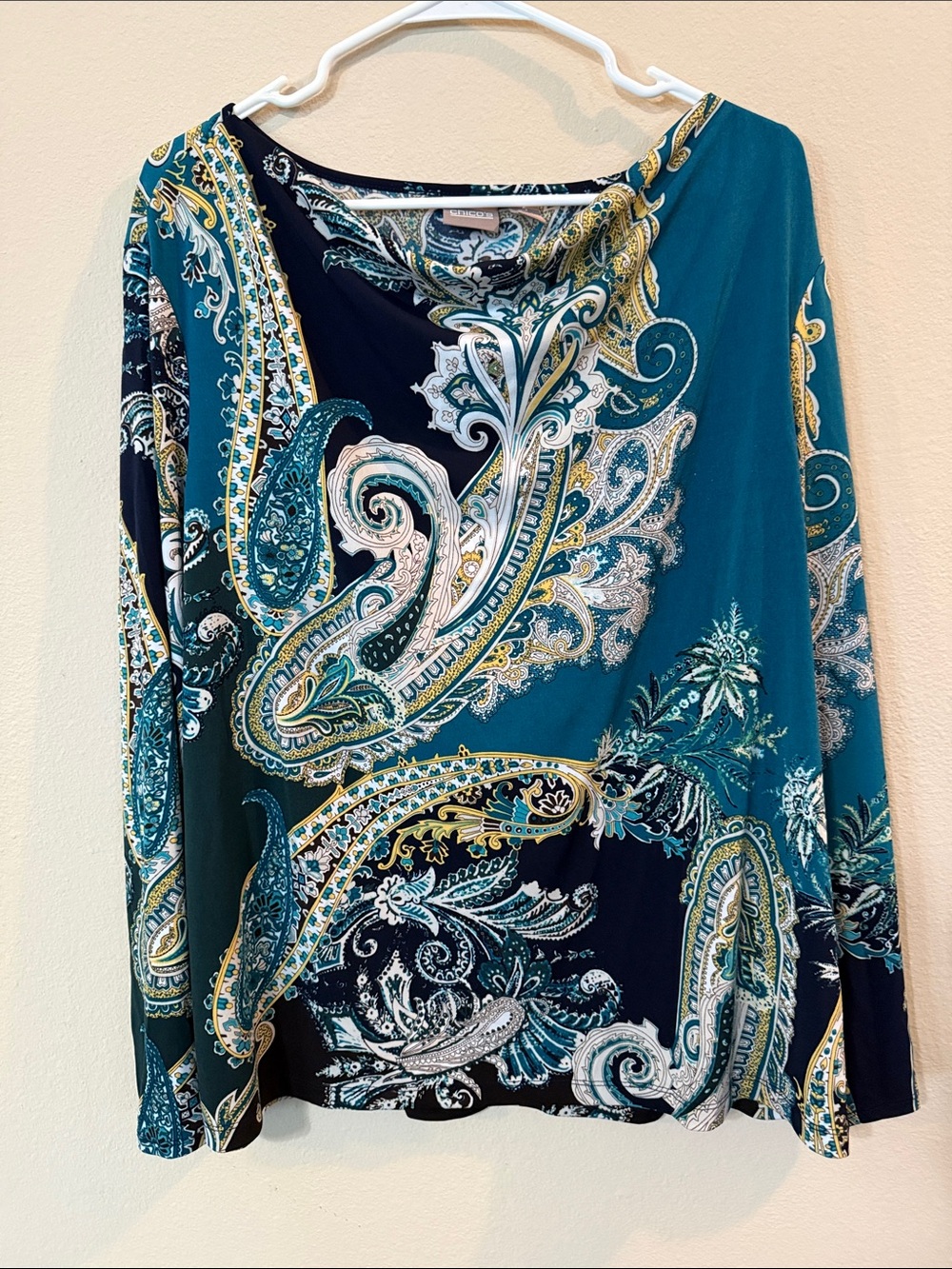 Chico's Teal and Black Paisley Long-Sleeve Top